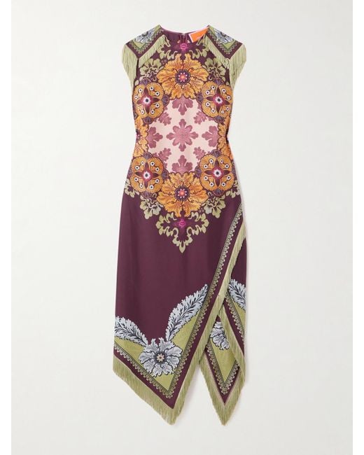 LaDoubleJ White Valkyrie Asymmetric Fringed Printed Silk Dress