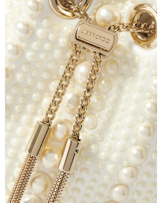 Jimmy Choo Natural Bon Bon Micro Faux Pearl-Embellished Satin Bucket Bag