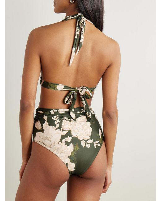 Agua Bendita Green Marimar Gardenia Floral-Print Recycled Halterneck Bikini Top