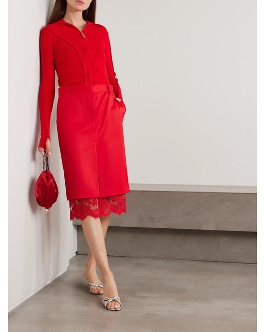 Stella McCartney Red Lace-Trimmed Wool Skirt