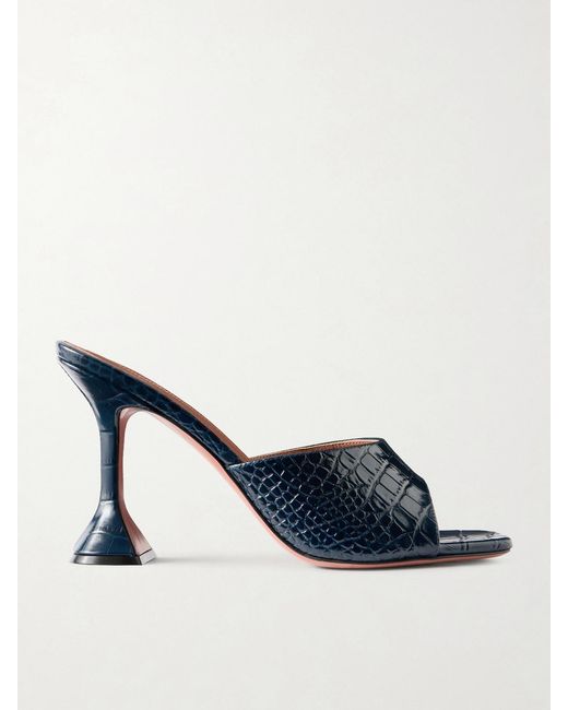 AMINA MUADDI Blue Lupita Croc-Effect Leather Mules