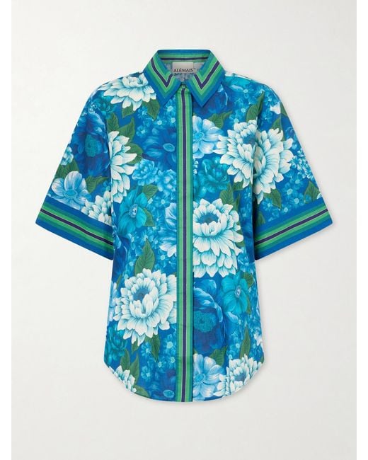 ALÉMAIS Blue Margo Striped Floral-Print Organic Cotton-Voile Shirt