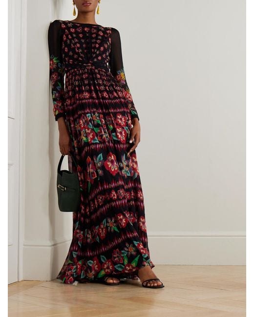 Saloni Red Blythe-B Knotted Floral-Print Crinkled Silk-Blend Chiffon Gown