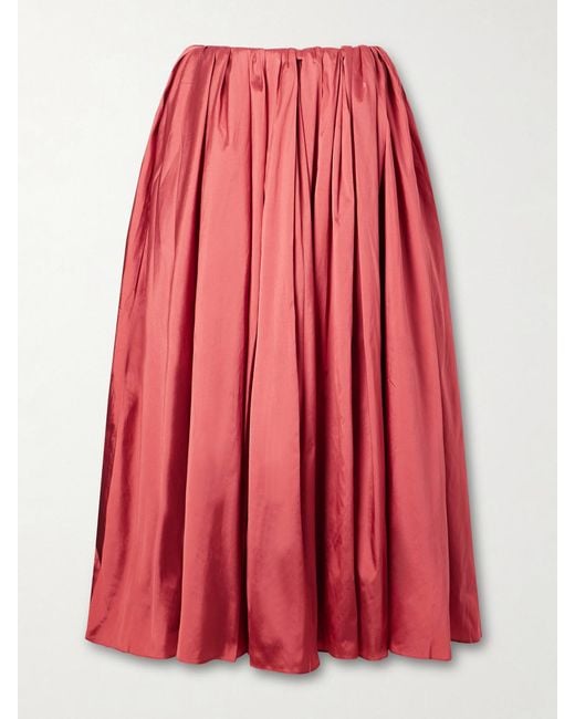 Abadia Red Elodie Pleated Duchesse-Satin Midi Skirt