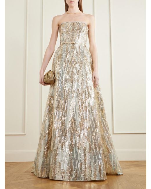 Elie Saab White Strapless Belted Sequin-Embellished Tulle Gown