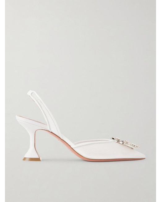 AMINA MUADDI Natural Begum Crystal-Embellished Leather-Trimmed Mesh Slingback Pumps