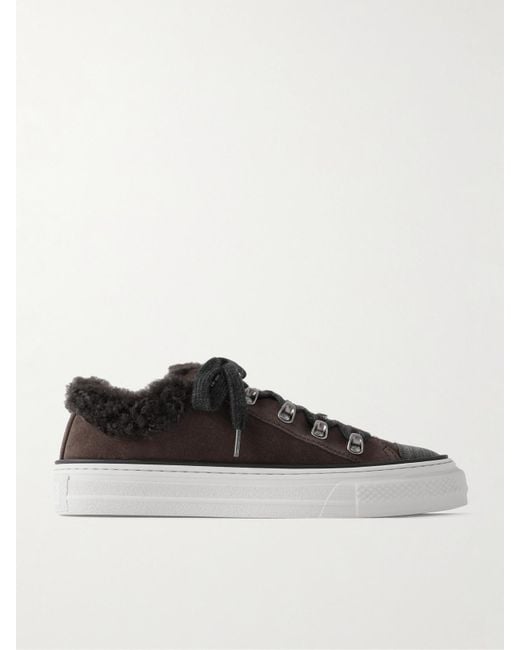 Brunello Cucinelli Brown Sneakers Aus Veloursleder Mit Shearling-Futter Und Zierperlen