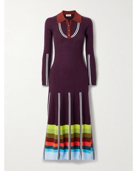 Christopher John Rogers Purple Striped Ribbed Wool-Blend Maxi Dress