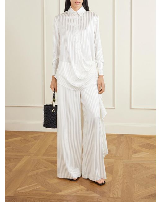 Abadia White Striped Stretch-Silk Satin Wide-Leg Pants