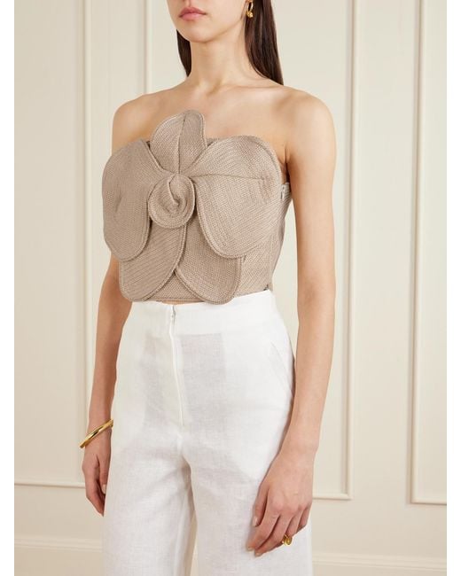 ANDRES OTALORA Natural Florencia Appliquéd Strapless Cropped Woven Top