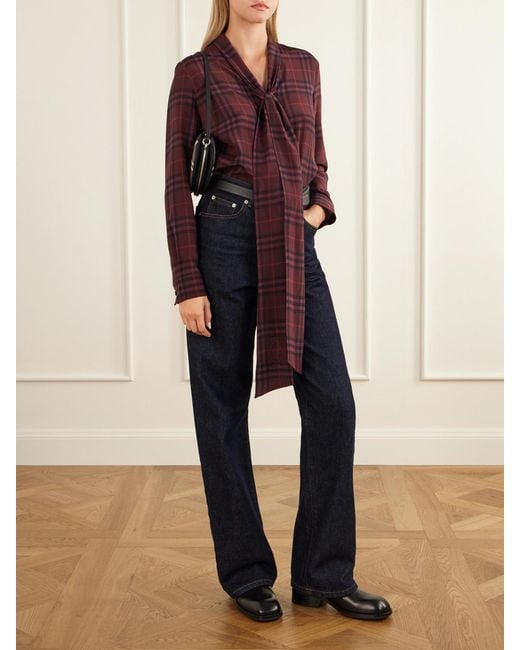 Burberry Purple Rhiannon Pussy-Bow Checked Silk-Crepe Blouse