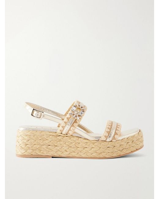 Roger Vivier Natural Summer Embellished Metallic Leather-Trimmed Woven Raffia Platform Sandals
