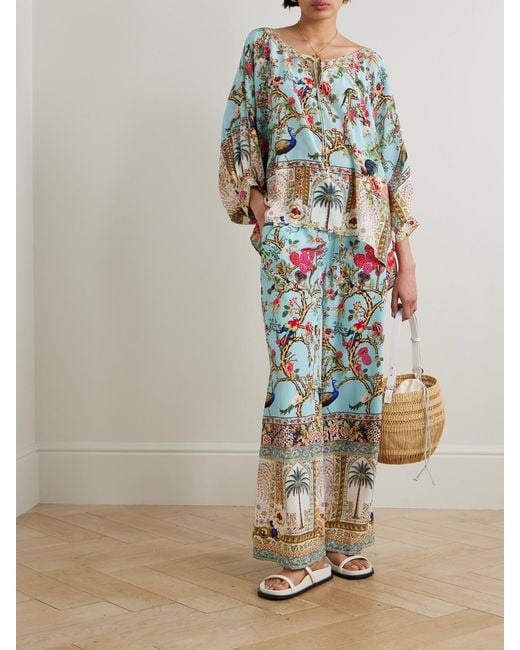 Camilla Multicolor Sultans And Queens Tie-Detailed Embellished Printed Silk-Crepe Blouse
