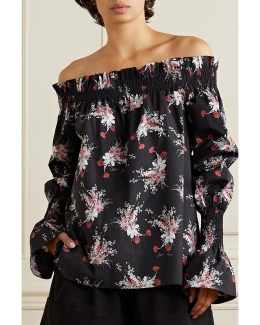 Adam Lippes Black Off-The-Shoulder Shirred Floral-Print Stretch-Cotton Poplin Top