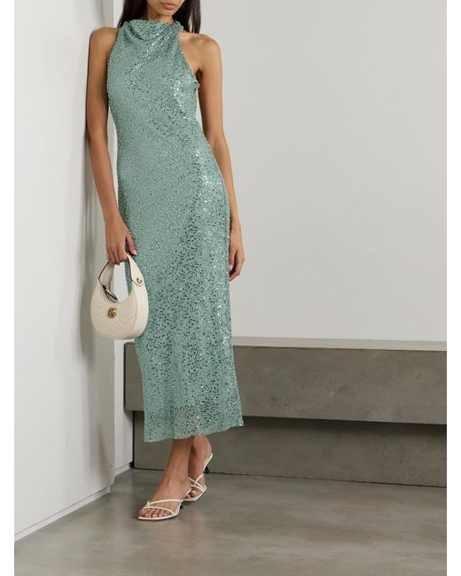 Rebecca Vallance Green Nixie Open-Back Embellished Metallic Mesh Midi Dress