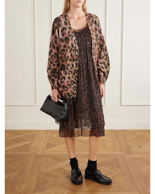 R13 Brown Gathered Tiered Animal-Print Silk-Chiffon Midi Dress