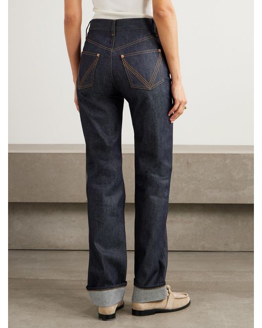 Bottega Veneta Blue Intrecciato Suede-Trimmed High-Rise Straight-Leg Jeans