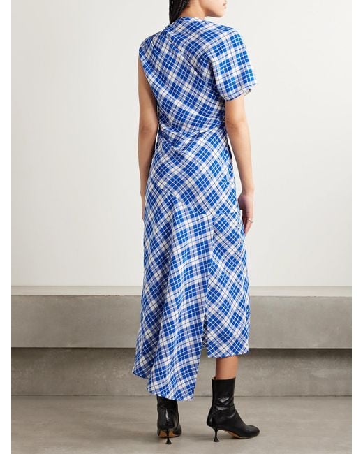Proenza Schouler Blue Hallie Ruched Checked Twill Midi Dress