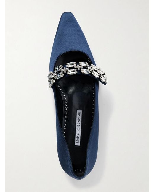 Manolo Blahnik Blue Tamolflat 10 Crystal-Embellished Satin Point-Toe Flats
