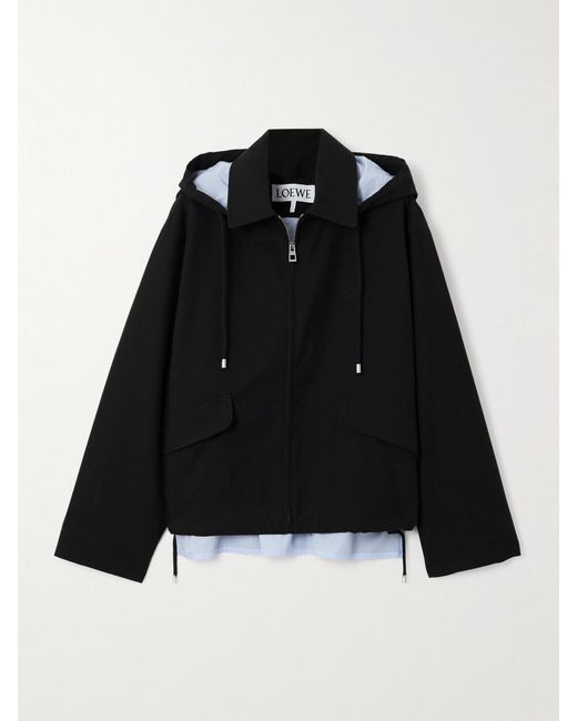 Loewe Black Hooded Striped Poplin-Paneled Embroidered Cotton-Twill Jacket