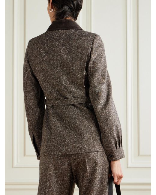 Blazé Milano Brown Sarissa Belted Velvet-Trimmed Tweed Jacket