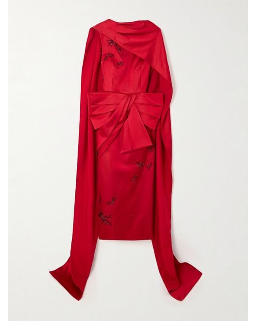 Erdem Red Draped Cape-Effect Embellished Satin Gown