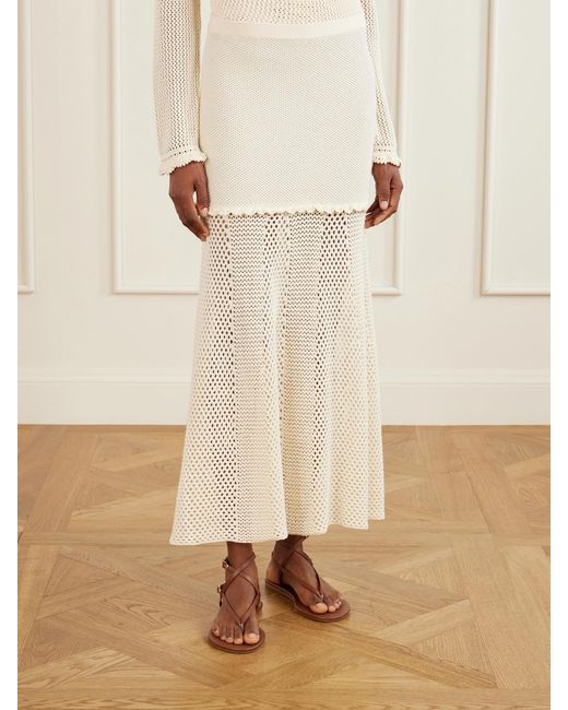Escvdo White Mural Crocheted Cotton Midi Skirt