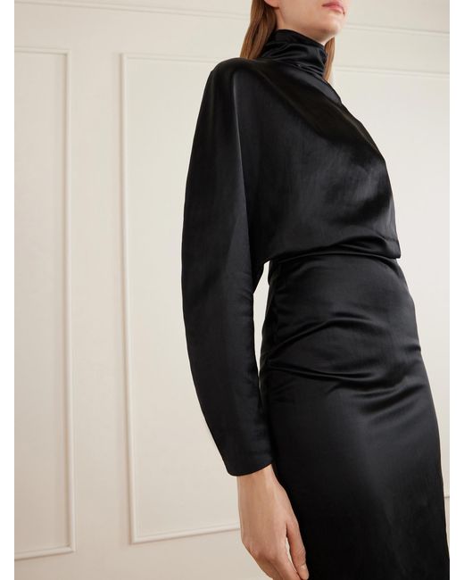 Khaite Black Harlin Draped Ramie-Blend Satin Knee-Length Dress