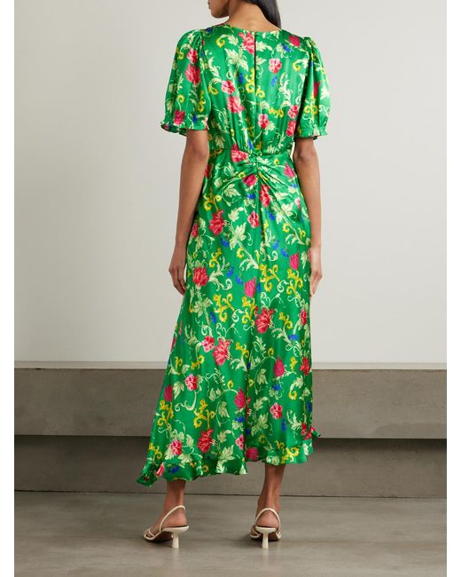 Saloni Green Vida D Ruffled Floral-Print Silk-Satin Dress
