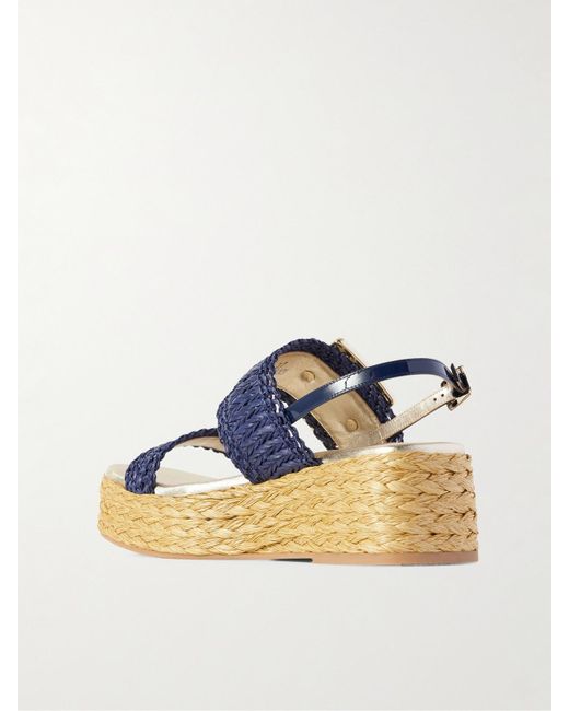 Roger Vivier Blue 60 Crystal-Embellished Patent-Leather Trimmed Raffia Platform Espadrille Sandals