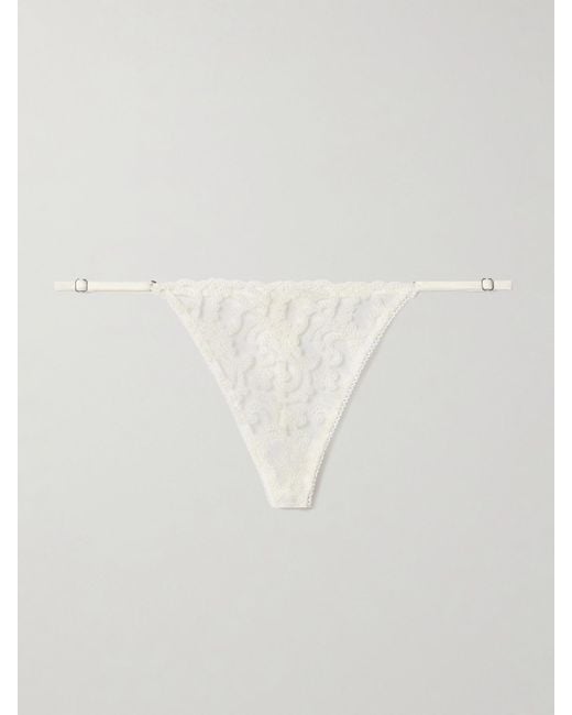 Kiki de Montparnasse White Lola Satin-Trimmed Embroidered Tulle Thong