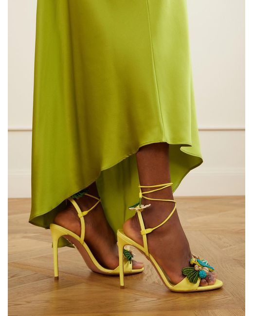 Aquazzura Metallic Birdsong 105 Leather-Trimmed Raffia Sandals