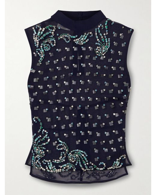 Dries Van Noten Blue Oberteil Aus Stretch-Mesh Mit Verzierungen