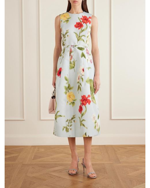 Oscar de la Renta White Belted Floral-Print Faille Midi Dress