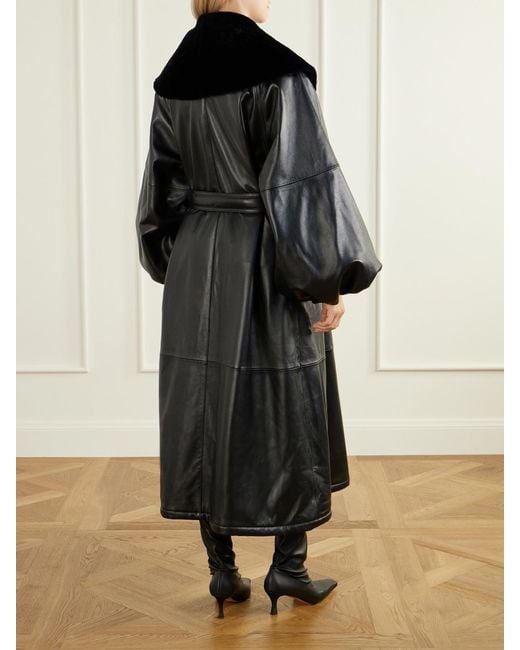 Magda Butrym Black Belted Plush-Trimmed Leather Coat