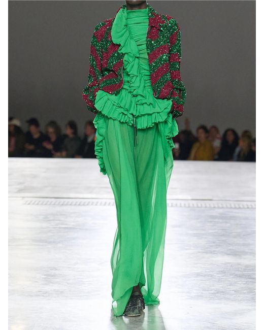 Dries Van Noten Green Ruffled Silk-Chiffon Blouse