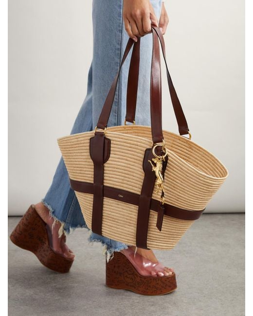 Chloé Natural Kerala 25 Tote Aus Raffiabastimitat Mit Lederbesätzen