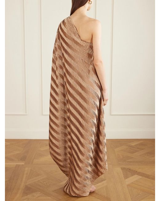 ‎Dima Ayad Natural One-Shoulder Plissé-Satin Gown