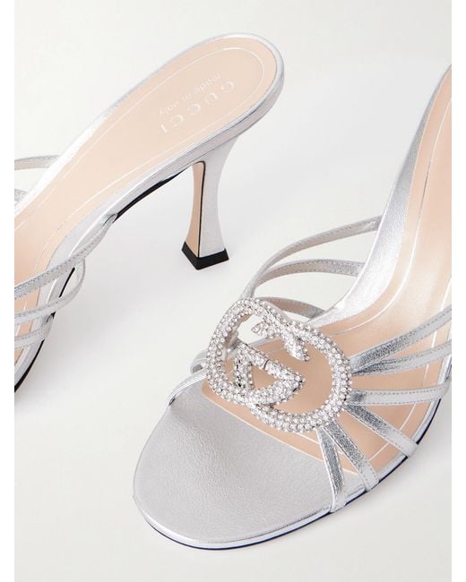 Gucci White Crystal-Embellished Metallic Leather Mules