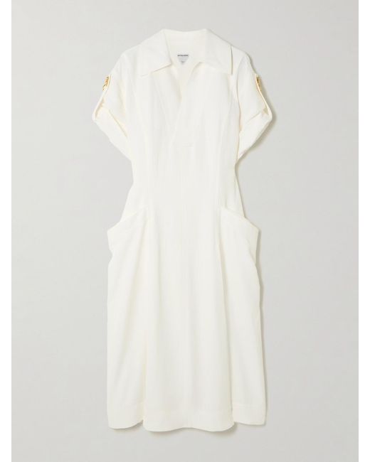 Bottega Veneta White Embellished Pleated Woven Midi Dress