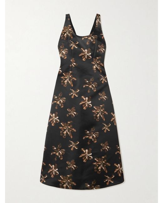 Emilia Wickstead Black Tippi Floral-Print Satin Midi Dress