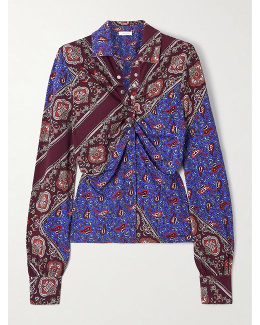 Rabanne Purple Ruched Paisley-Print Jersey Shirt