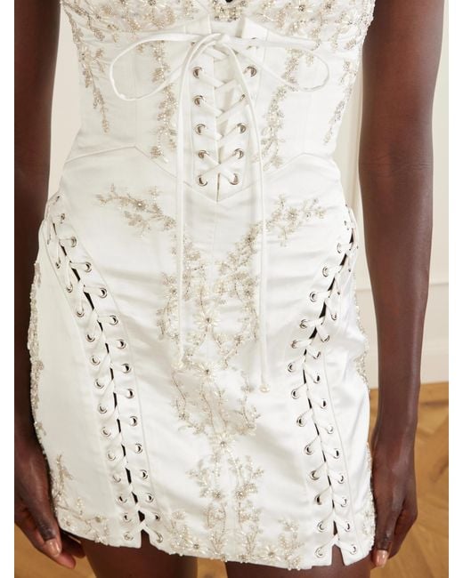 Clio Peppiatt White Bridal Brigette Embellished Lace-Up Satin Mini Dress
