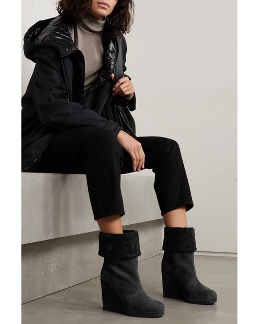 Moncler Black W Short Plush-Lined Suede Wedge Ankle Boots