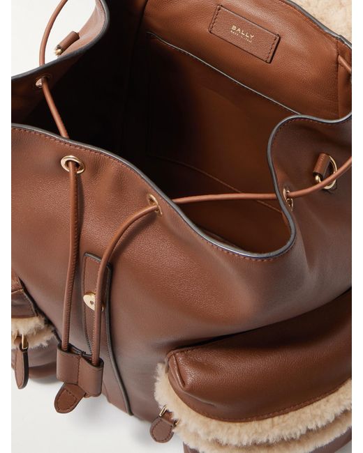 Bally Brown Shearling-Trimmed Leather Backpack