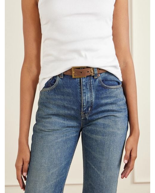 Saint Laurent Brown Cassandre Embellished Suede Belt