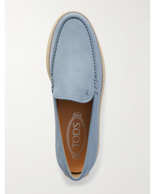 Tod's Blue Gomma Raffia-Trimmed Nubuck Loafers