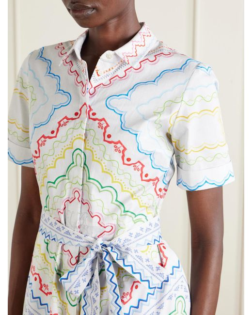 Mary Katrantzou White Belted Printed Cotton-Blend Midi Dress