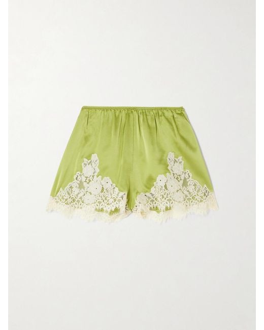 Doen Green Iona Lace-Trimmed Silk-Satin Shorts