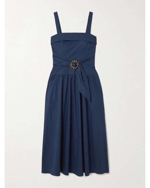 Saloni Blue Zinnia Buckled Cotton-Blend Poplin Midi Dress